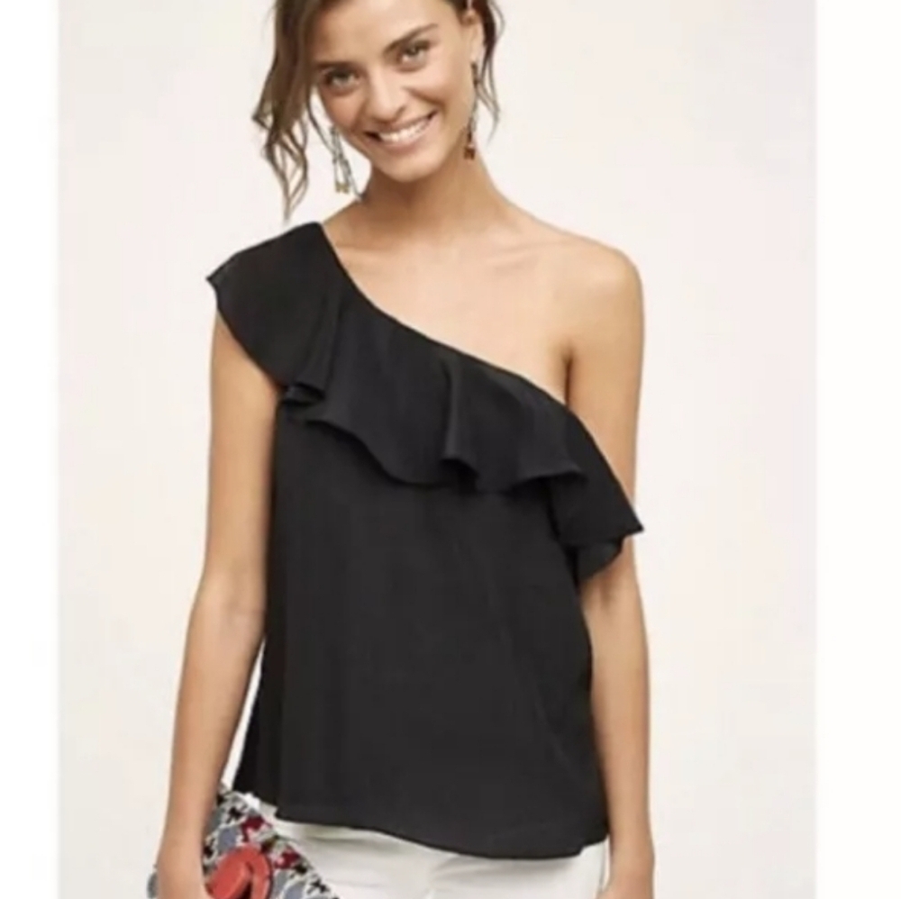 Banana Republic One Shoulder Ruffle Trim Black Cotton Top Size XS